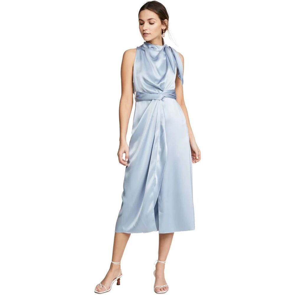 Nanushka Kaila High Neck Twisted Satin Slip Dress - Blue S